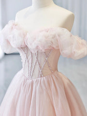 A-Line Off Shoulder Tulle Beads Pink Long Prom Dress, Pink Tulle Long Formal Dress