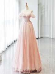 A-Line Off Shoulder Tulle Beads Pink Long Prom Dress, Pink Tulle Long Formal Dress