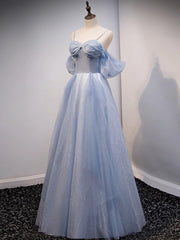 A-Line Off Shoulder Tulle Gray Blue Long Prom Dress, Gray Blue Long Formal Dress