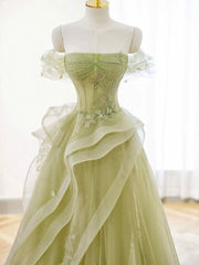 A-Line Off Shoulder Tulle Lace Green Long Prom Dress, Green Long Graduation Dress