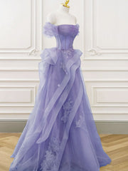 A-Line Off Shoulder Tulle Lace Purple Long Prom Dress, Purple Lace Long Formal Dress