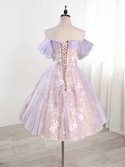 A-Line Off Shoulder Tulle Lace Purple Short Prom Dress, Cute Purple Homecoming Dress