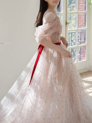 A-Line Off Shoulder Tulle Light Pink Long Prom Dress, Long Formal Dress