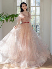 A-Line Off Shoulder Tulle Light Pink Long Prom Dress, Long Formal Dress