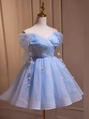 A-Line Off Shoulder Tulle Short Blue Prom Dress, Cute Blue Homecoming Dress