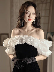 A-Line Off Shoulder Velvet Black Long Prom Dress, Black Long Evening Dress