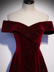 A-Line Off Shoulder Velvet Burgundy Long Prom Dress, Burgundy Long Formal Dress