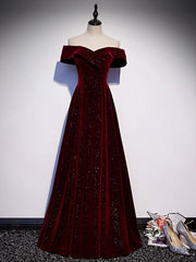 A-Line Off Shoulder Velvet Burgundy Long Prom Dress, Burgundy Long Formal Dress