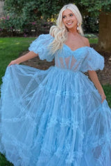 A Line Off the Shoulder Light Blue Tulle Corset Prom Dress with Bowknot