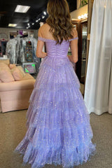 A-Line Off the Shoulder Ruffle Tiered Tulle Long Prom Dress