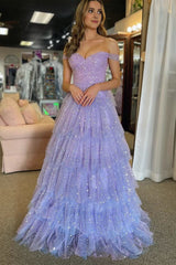 A-Line Off the Shoulder Ruffle Tiered Tulle Long Prom Dress