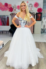 A line Off the Shoulder Sequins Tulle Prom Dress