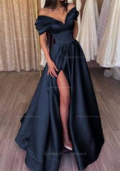 Party Dresses For Teenage Girls, A-line Off-the-Shoulder Short Sleeve Satin Long/Floor-Length Prom Dress With Ruffles Split