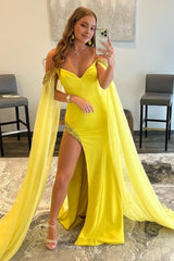 A Line Off the Shoulder Yellow Long Prom Dress with Slit