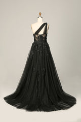 A Line One Shoulder Black Long Prom Dress with Appliques