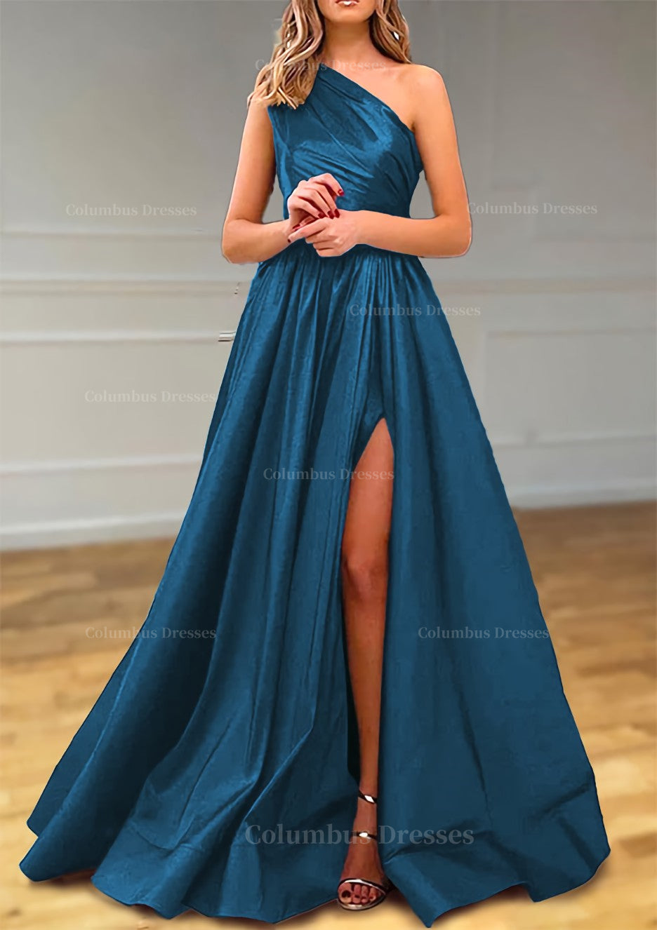 Prom Dresse Princess, A-line One-Shoulder Satin Prom Dress With Pleated Split