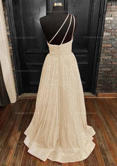 Prom Dresses Short, A-line One-Shoulder Sleeveless Long/Floor-Length Sequined Prom Dress With Pockets