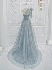 A-Line One Shoulder Tulle Sequin Gray Blue Long Prom Dress, Sequin Long Formal Dress