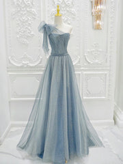 A-Line One Shoulder Tulle Sequin Gray Blue Long Prom Dress, Sequin Long Formal Dress