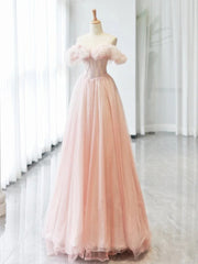 A-line Pink Off Shoulder Beaded Sweetheart Party Dress, Pink Tulle Prom Dress