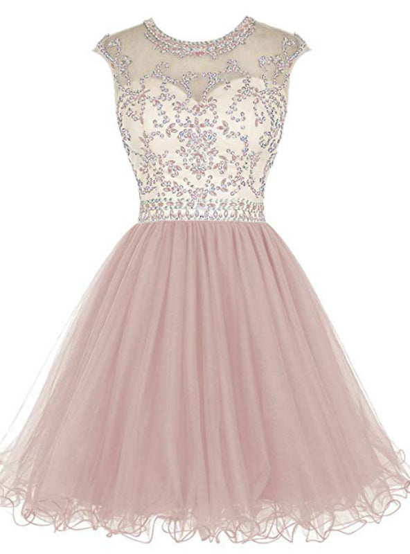 A-Line Pink Tulle Cap Sleeve Beading Sequins Homecoming Dress