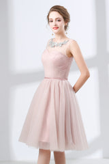 Modest Prom Dress, A-Line Pink Tulle Lace Pleats Knee Length Homecoming Dresses