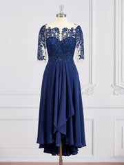 Bridesmaids Dresses Affordable, A-Line/Princess Bateau Tea-Length Chiffon Mother of the Bride Dresses With Appliques Lace