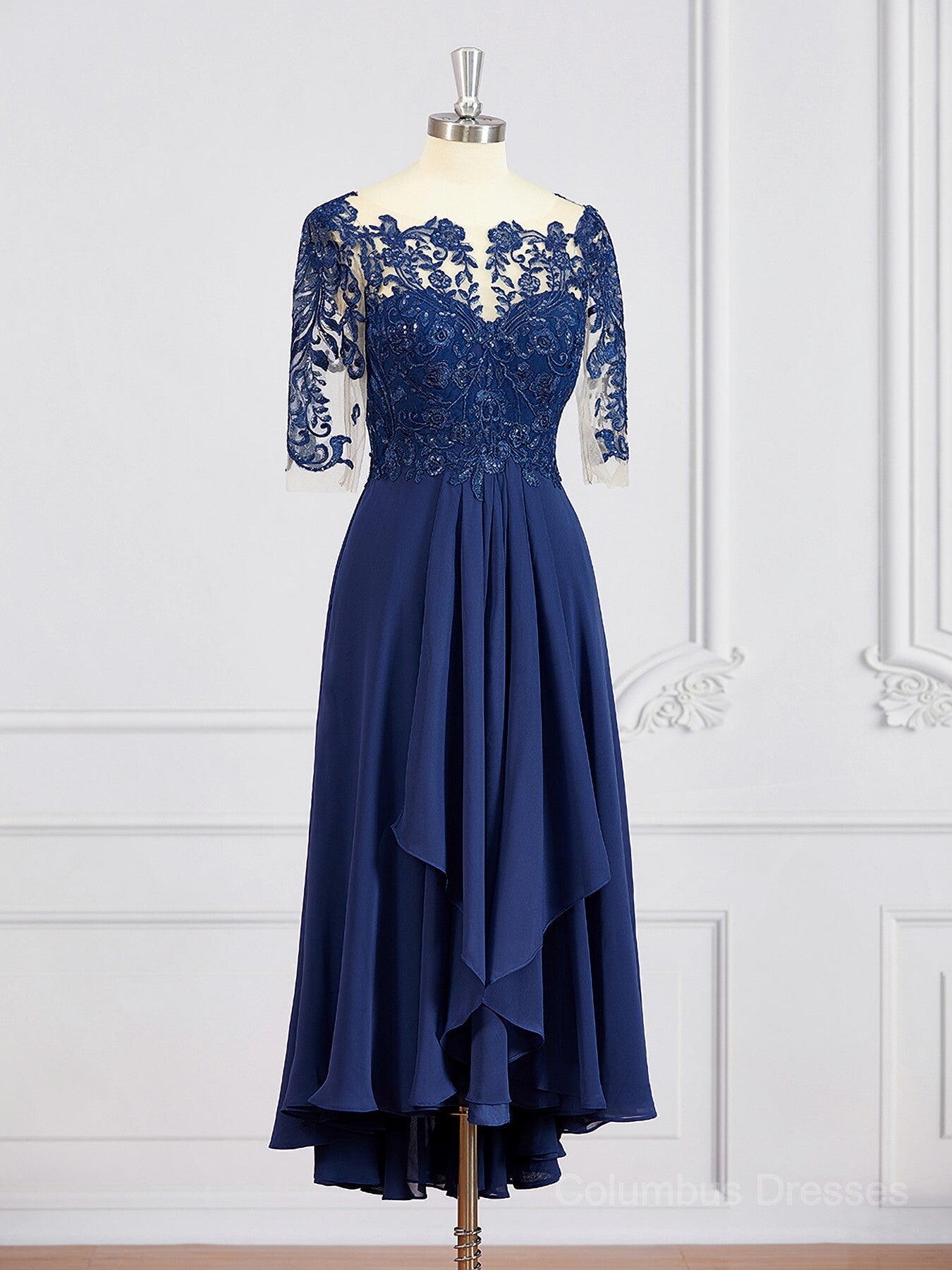 Bridesmaids Dress Affordable, A-Line/Princess Bateau Tea-Length Chiffon Mother of the Bride Dresses With Appliques Lace