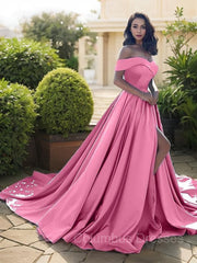 Chiffon Dress, A-Line/Princess Off-the-Shoulder Court Train Satin Evening Dresses With Leg Slit