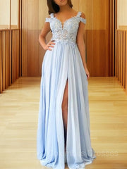 Sage Green Wedding, A-Line/Princess Off-the-Shoulder Floor-Length Chiffon Prom Dresses With Leg Slit