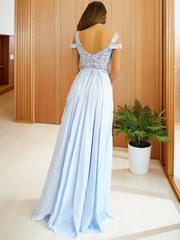 Short Wedding Dress, A-Line/Princess Off-the-Shoulder Floor-Length Chiffon Prom Dresses With Leg Slit