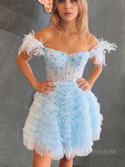 Maxi Dress Outfit, A-line/Princess Off-the-Shoulder Knee-Length Tulle Homecoming Dress with Cascading Ruffles