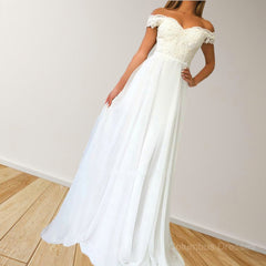 Boho Dress, A-Line/Princess Off-the-Shoulder Sweep Train Chiffon Prom Dresses With Appliques Lace