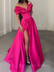 Formal Dress Cheap, A-Line/Princess Off-the-Shoulder Sweep Train Satin Evening Dresses With Leg Slit