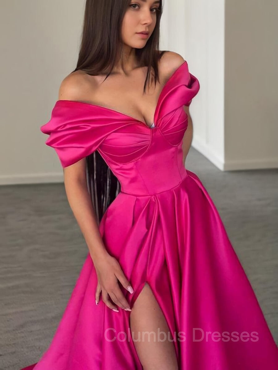 Formal Dress Black Dress, A-Line/Princess Off-the-Shoulder Sweep Train Satin Evening Dresses With Leg Slit