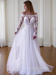 Wedding Dresses Store, A-Line/Princess Off-the-Shoulder Sweep Train Tulle Wedding Dresses