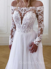 Wedding Dress Brides, A-Line/Princess Off-the-Shoulder Sweep Train Tulle Wedding Dresses