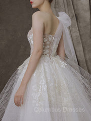 Wedding Dresses Flower, A-Line/Princess One-Shoulder Asymmetrical Tulle Wedding Dresses With Appliques Lace