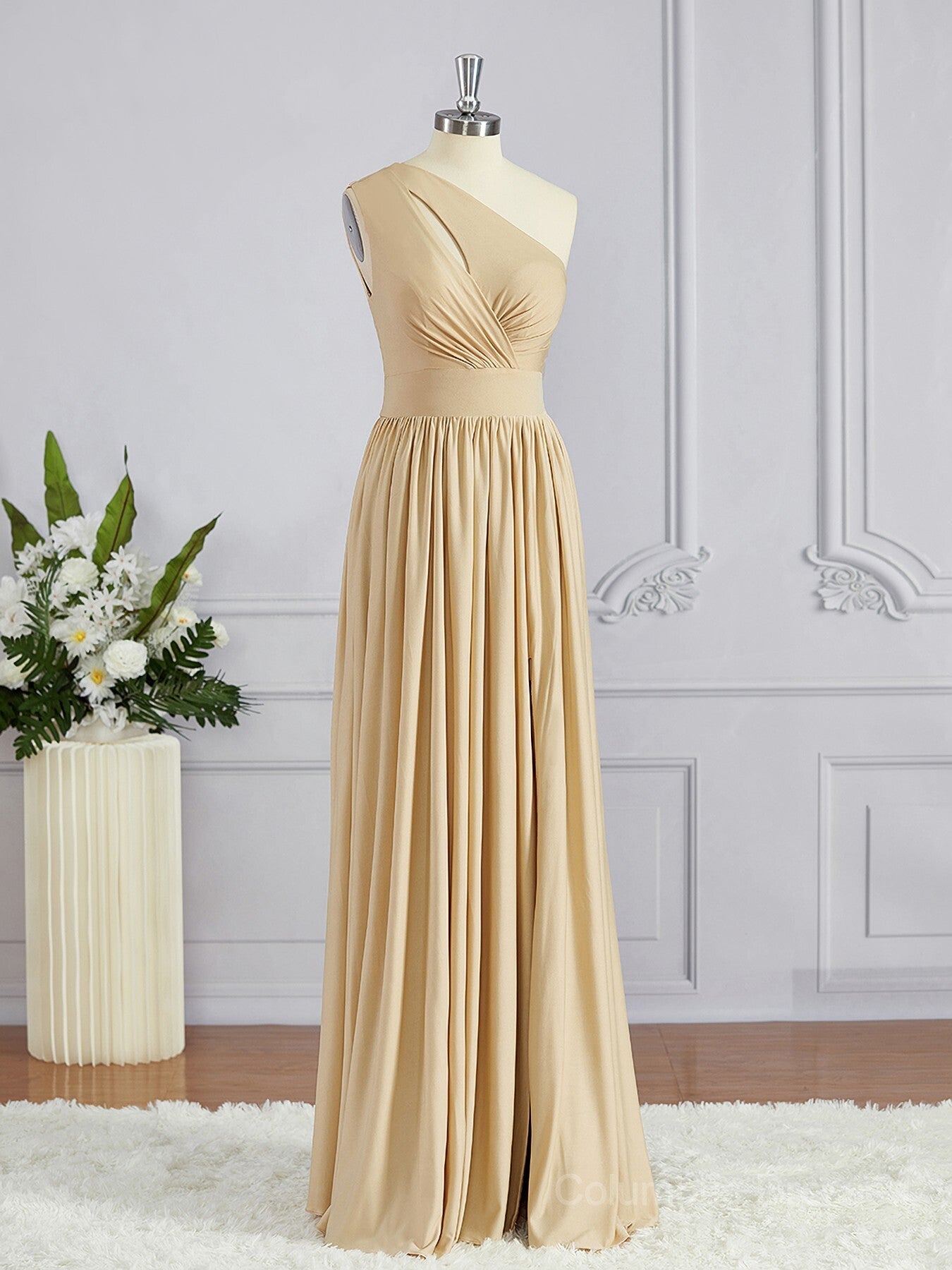 Reception Dress, A-Line/Princess One-Shoulder Floor-Length Jersey Bridesmaid Dresses with Leg Slit