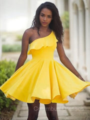 Prom Dresses For Teens Long, A-Line/Princess One-Shoulder Short/Mini Satin Homecoming Dresses With Ruffles