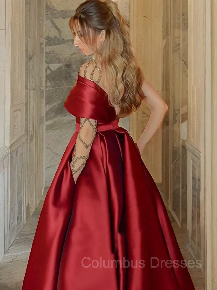 Evening Dress 1938S, A-Line/Princess One-Shoulder Sweep Train Satin Prom Dresses With Leg Slit