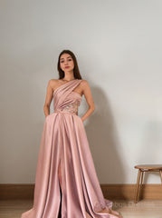 Slip Dress Outfit, A-Line/Princess One-Shoulder Sweep Train Satin Prom Dresses With Pockets