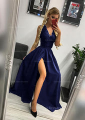 Bridesmaids Dresses Wedding, A-line/Princess Scalloped Neck Sleeveless Long/Floor-Length Elastic Satin Prom Dress With Lace Split