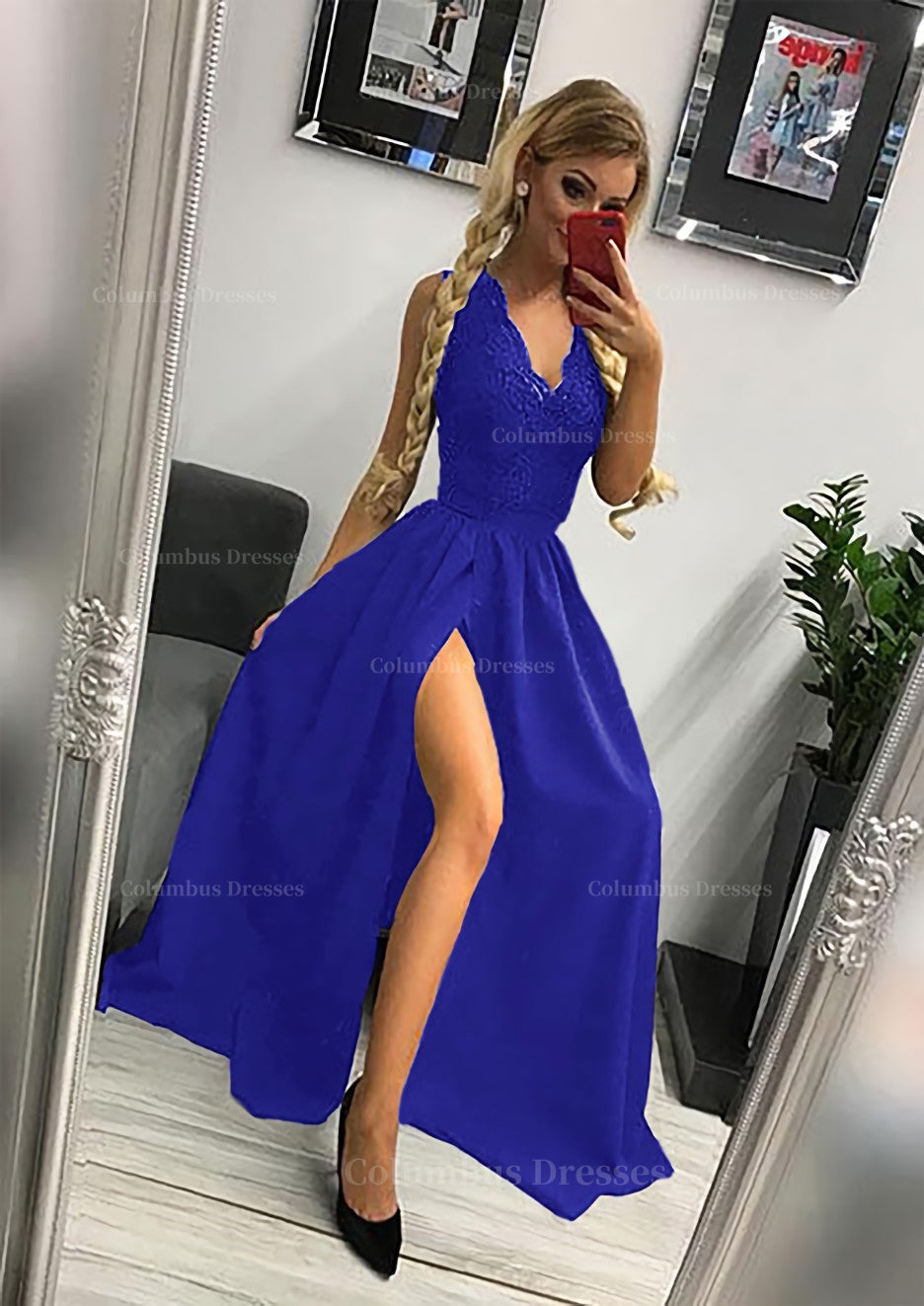 Bridesmaid Dress Wedding, A-line/Princess Scalloped Neck Sleeveless Long/Floor-Length Elastic Satin Prom Dress With Lace Split