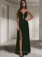 Evening Dresses Cocktail, A-Line/Princess Scoop Floor-Length Chiffon Prom Dresses With Leg Slit