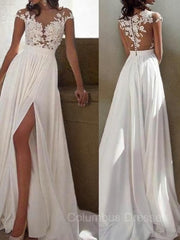 Homecoming Dress Modest, A-Line/Princess Scoop Sweep Train Chiffon Evening Dresses With Leg Slit