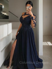 Evening Dress Wholesale, A-Line/Princess Scoop Sweep Train Satin Prom Dresses With Leg Slit