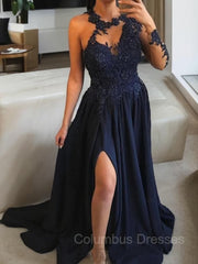 Evening Dress Gowns, A-Line/Princess Scoop Sweep Train Satin Prom Dresses With Leg Slit