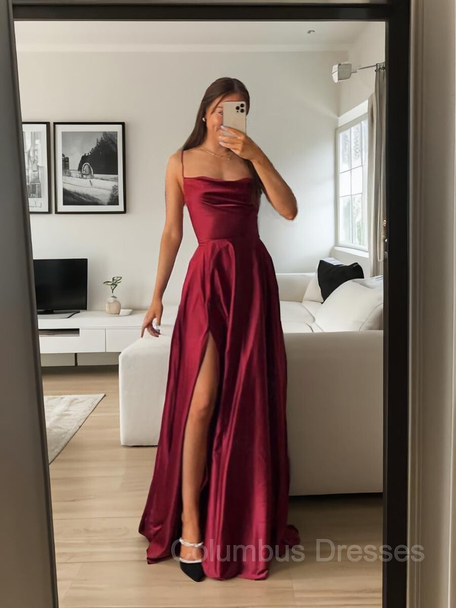 Bridesmaids Dresses Wedding, A-Line/Princess Spaghetti Straps Floor-Length Silk like Satin Prom Dresses With Leg Slit