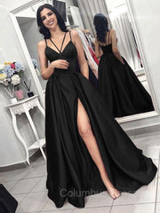 Evening Dresses Cheap, A-Line/Princess Spaghetti Straps Sweep Train Satin Evening Dresses With Pockets